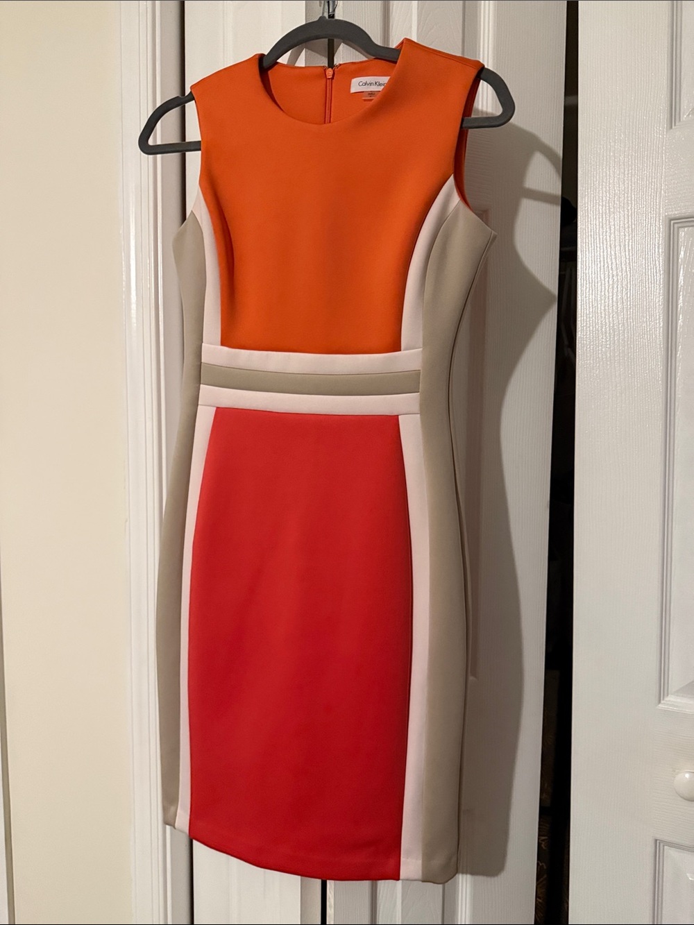 Colorblock Sheath Dress in Orange, Red & Cream by Calvin Klein